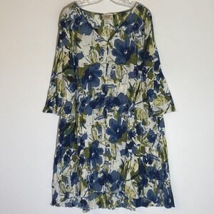 Natural Impressions Dress Womens XL Blue Green Floral Crinkle Pleat Midi Boho